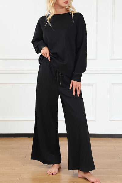 Textured Long Sleeve Top and Drawstring Pants Set