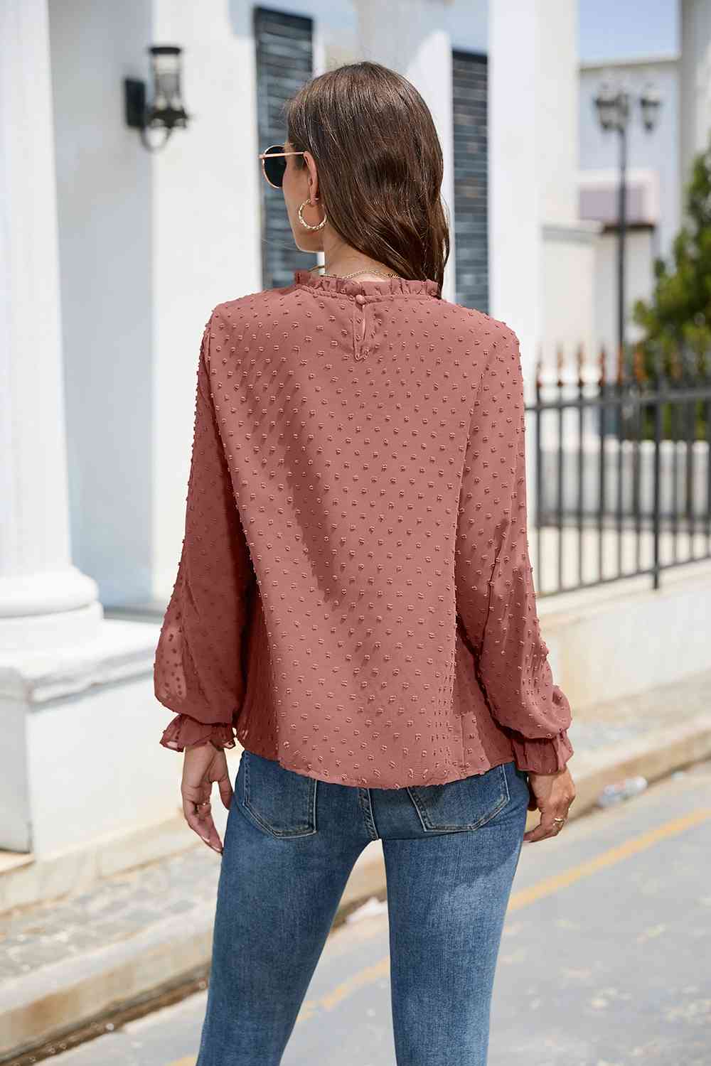 PREORDER Smocked Mock Neck Swiss Dot Top