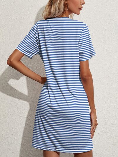 Preorder Pocketed Striped Round Neck Short Sleeve Dress