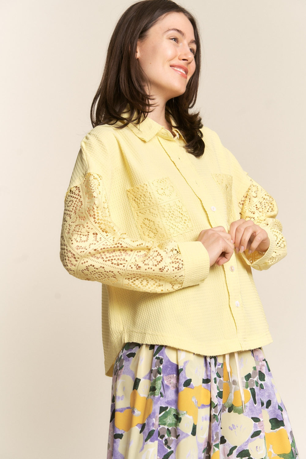 Button Down Lace Long Sleeve Waffle Shirt