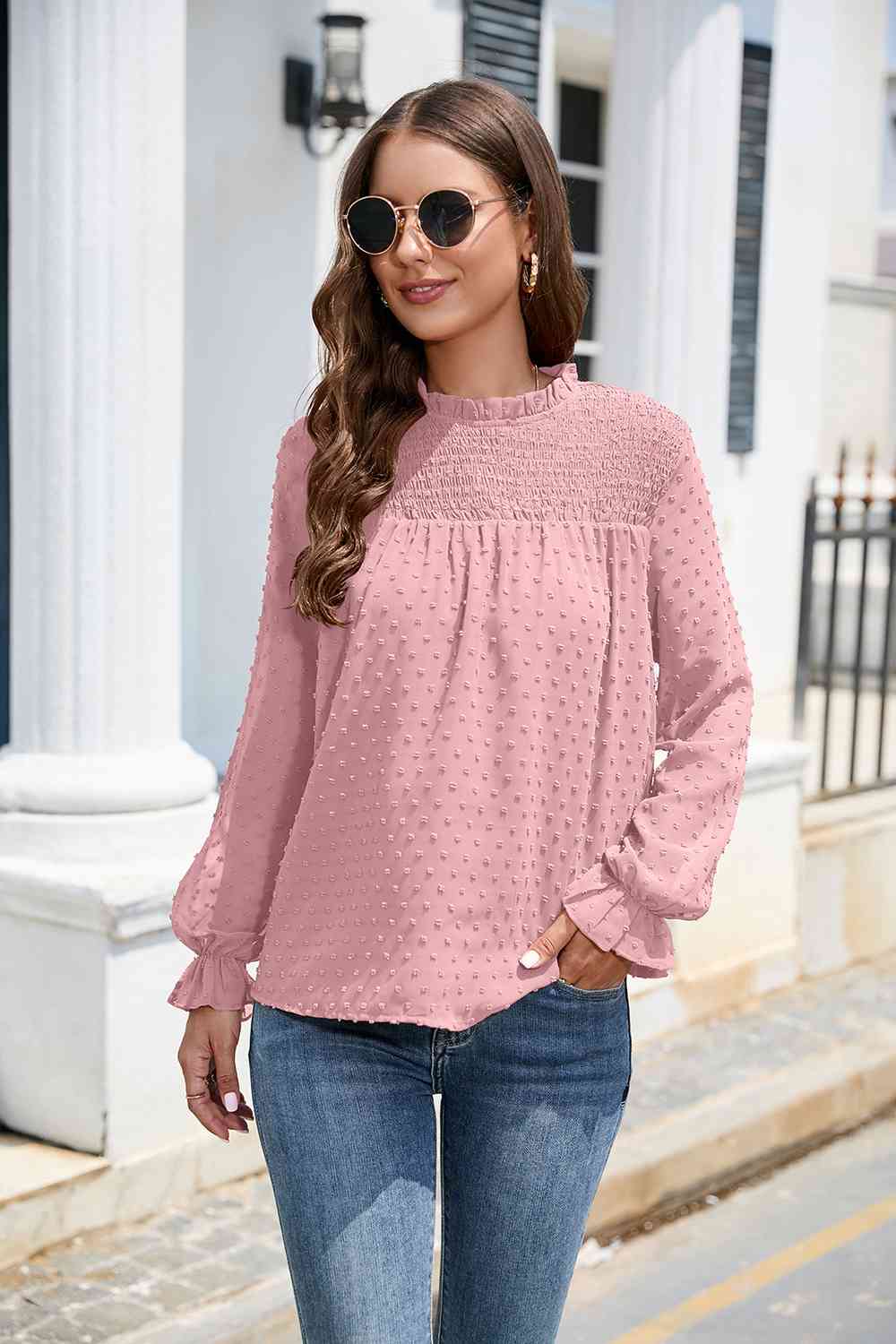 PREORDER Smocked Mock Neck Swiss Dot Top