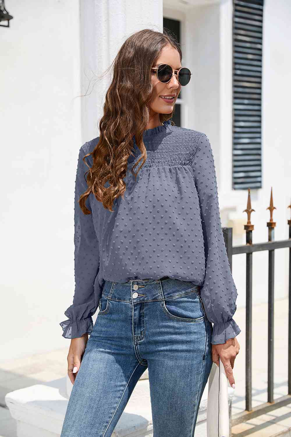 PREORDER Smocked Mock Neck Swiss Dot Top