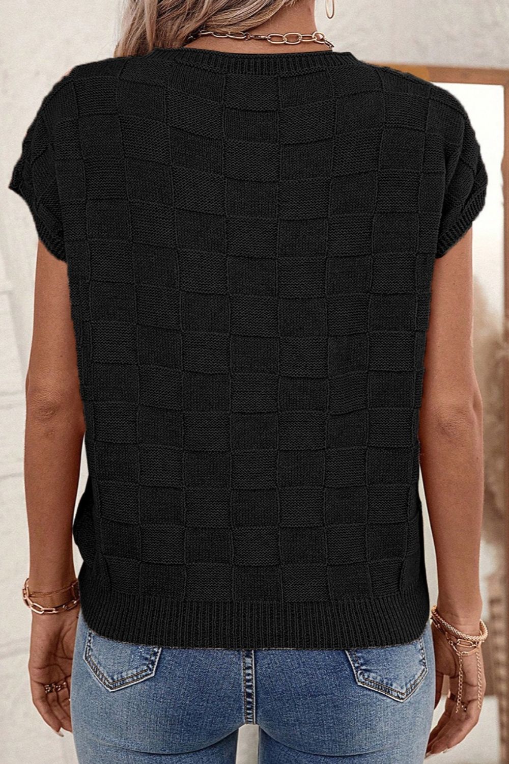 Preorder Pocketed Checkered Round Neck Knit Top