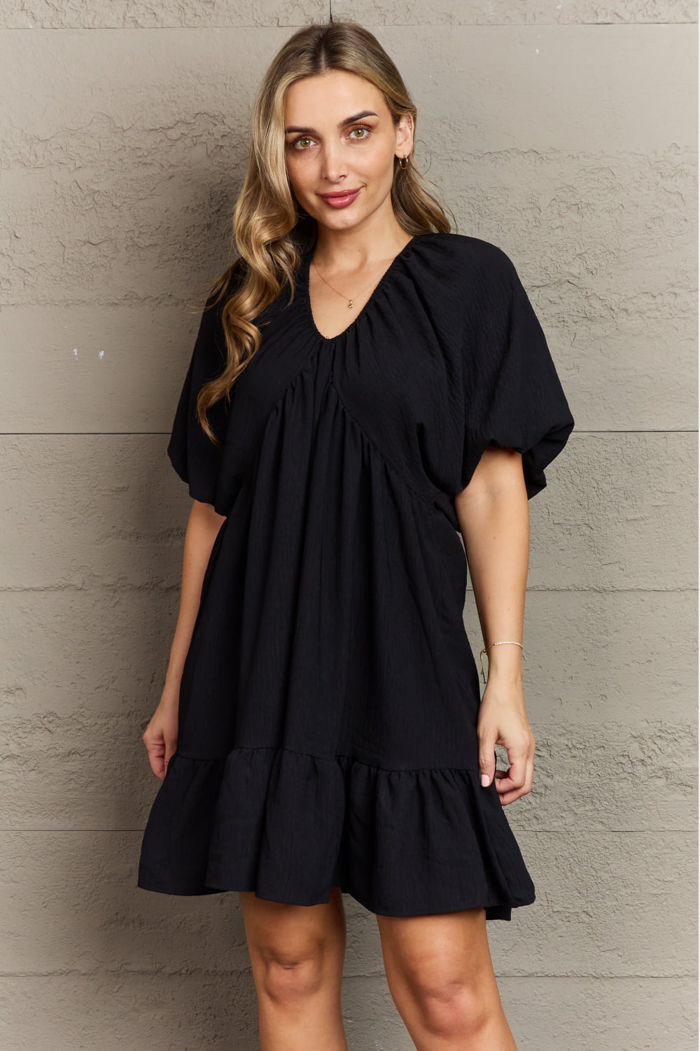 Comfort Darlin Double V-Neck Puff Sleeve Mini Dress