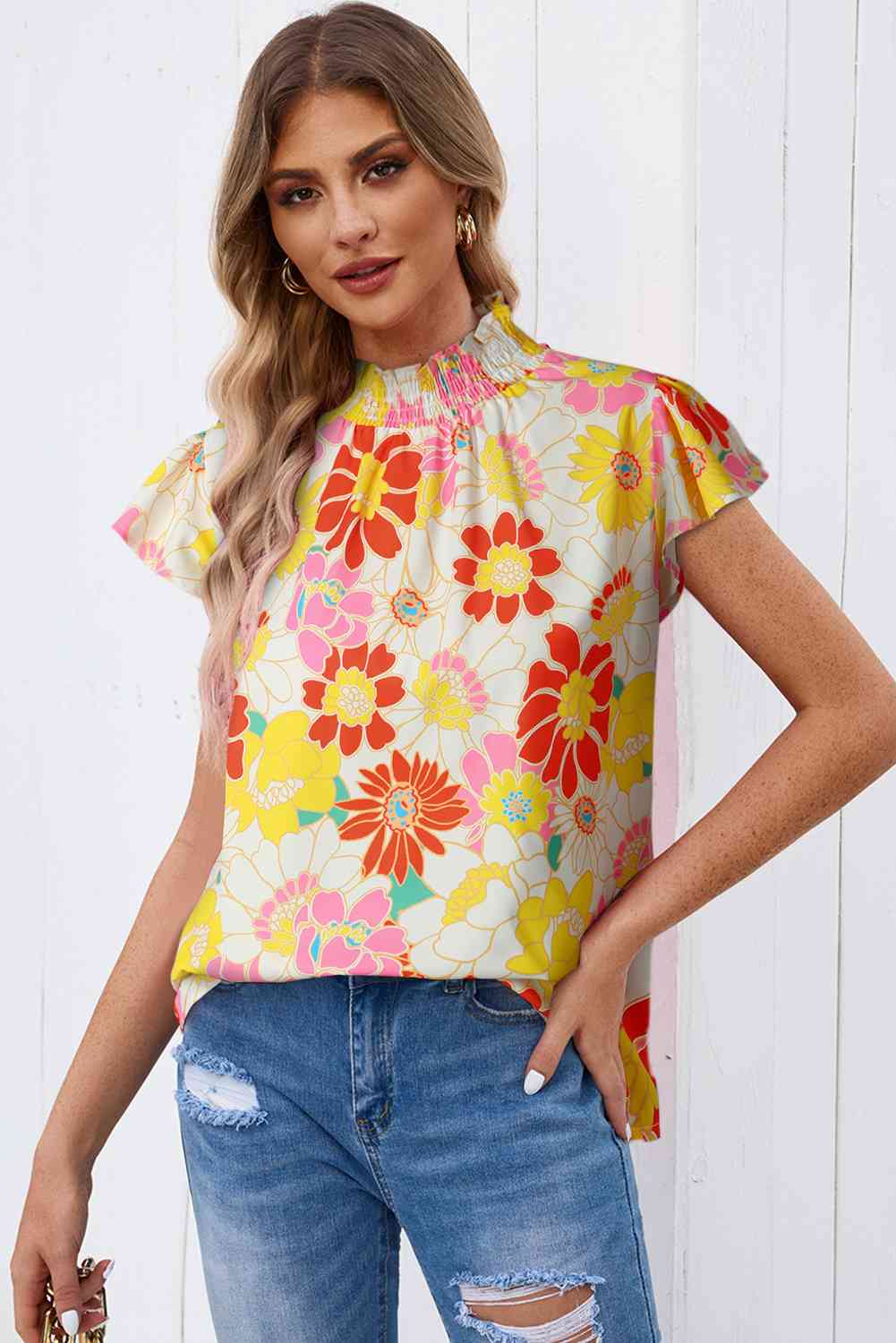 Preorder Floral Frill Neck Smocked Flutter Sleeve Blouse