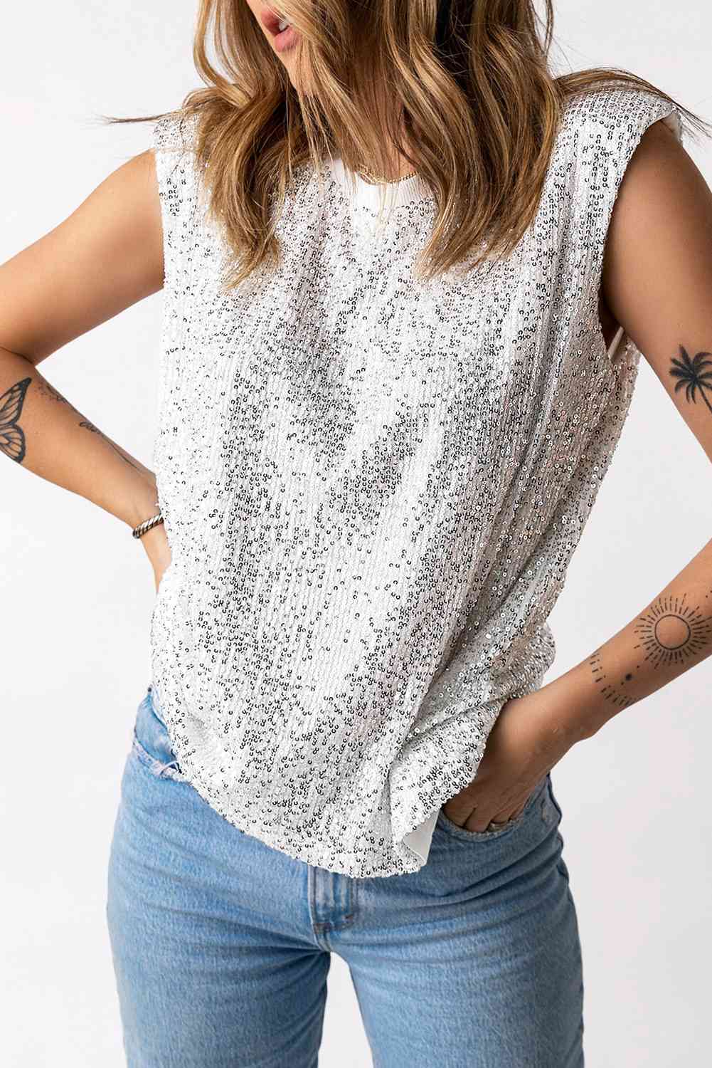 Preorder Sequin Round Neck Capped Sleeve Tank