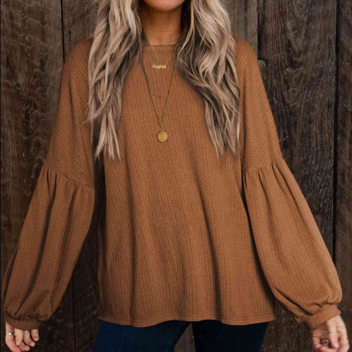 Preorder Round Neck Long Sleeve Ruched Blouse