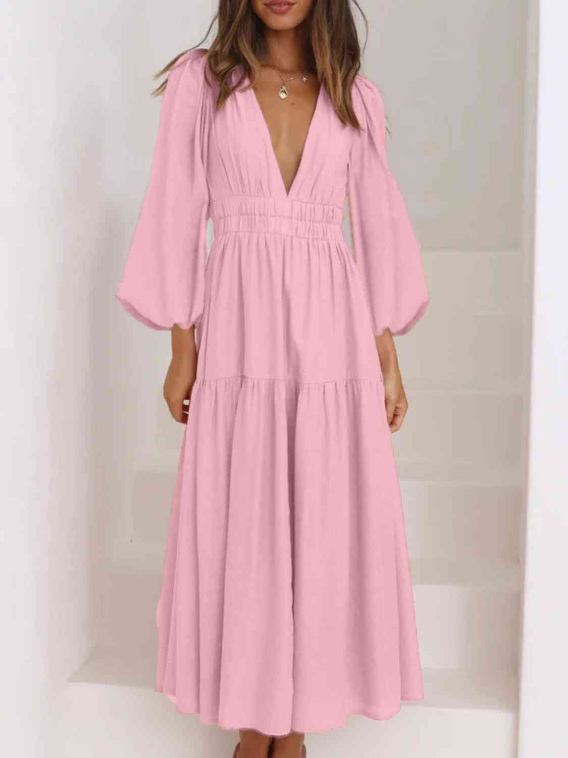 PREORDER Deep V-Neck Balloon Sleeve Plain Maxi Dress