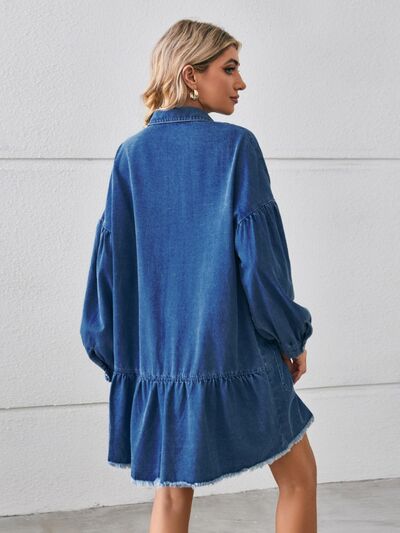 Preorder Button Up Pocketed Raw Hem Denim Dress