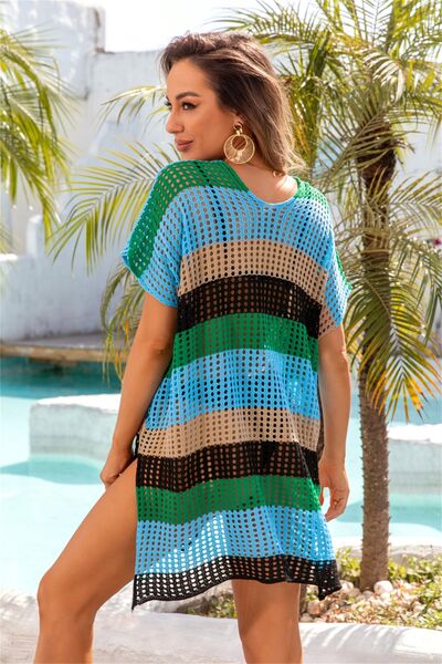 Preorder Openwork Striped V-Neck Short Sleeve Cover Up