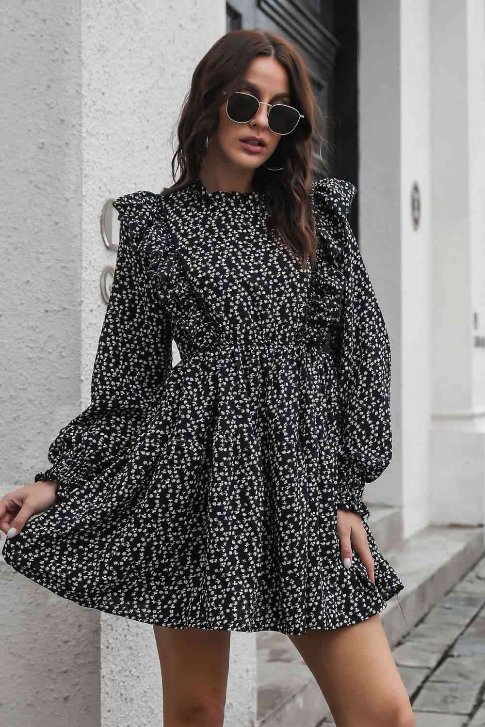 Preorder Printed Ruffle Trim Smocked Long Sleeve Mini Dress