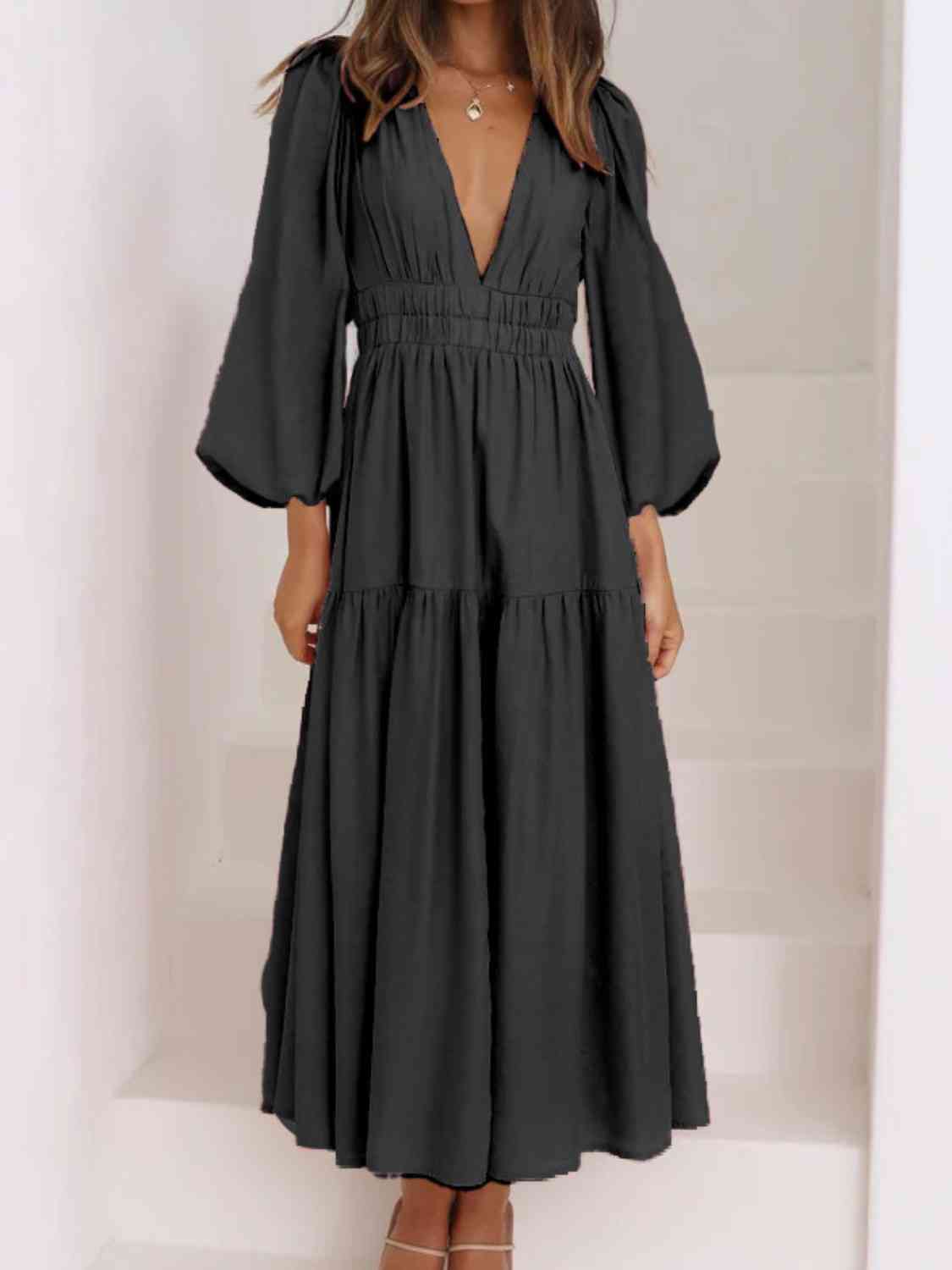 PREORDER Deep V-Neck Balloon Sleeve Plain Maxi Dress