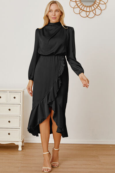 Preorder Mock Neck Ruffled Asymmetrical Dress