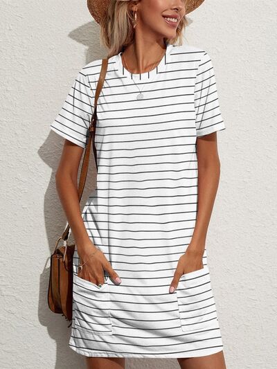 Preorder Pocketed Striped Round Neck Short Sleeve Dress