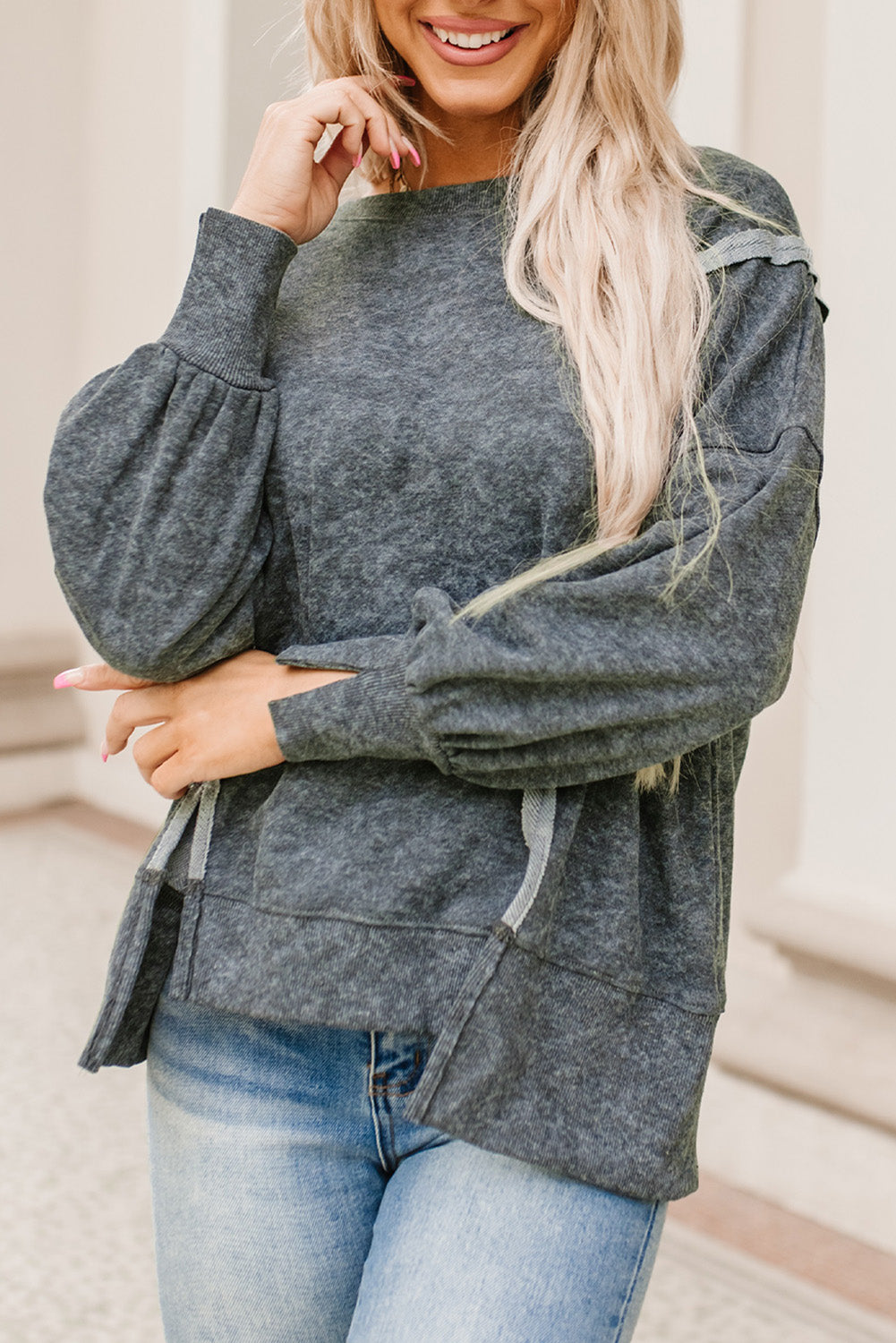 Preorder Acid Wash Round Neck Seam Detail Slit Sweatshirt