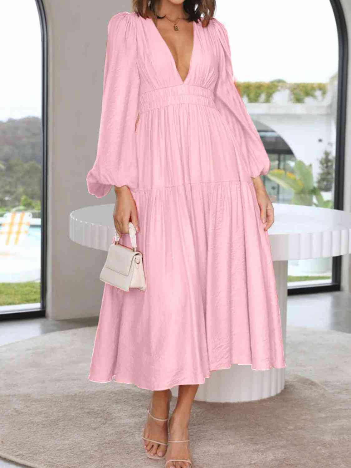 PREORDER Deep V-Neck Balloon Sleeve Plain Maxi Dress