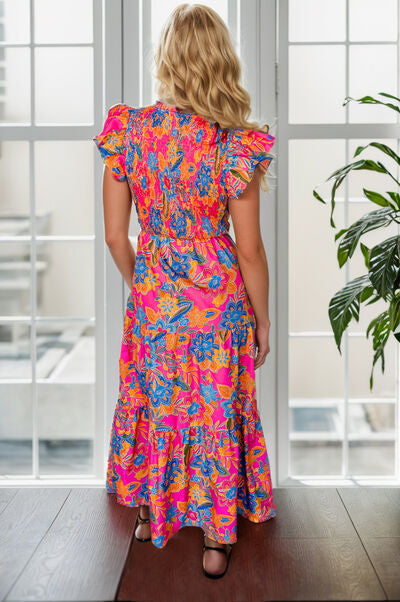 Preorder Printed V-Neck Cap Sleeve Pocketed Midi Dress