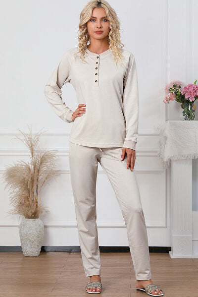 Preorder Half Button Round Neck Top and Drawstring Pants Lounge Set