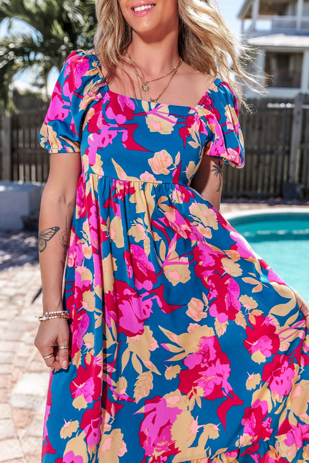 Preorder Printed Square Neck Short Sleeve Midi Dress