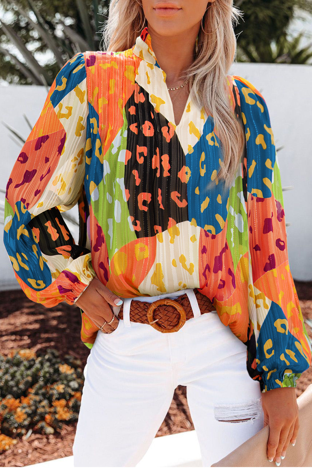 Preorder Printed Notched Long Sleeve Blouse