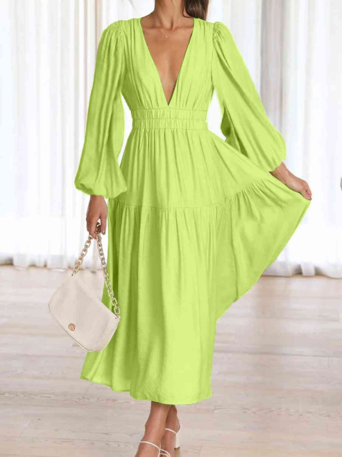 PREORDER Deep V-Neck Balloon Sleeve Plain Maxi Dress