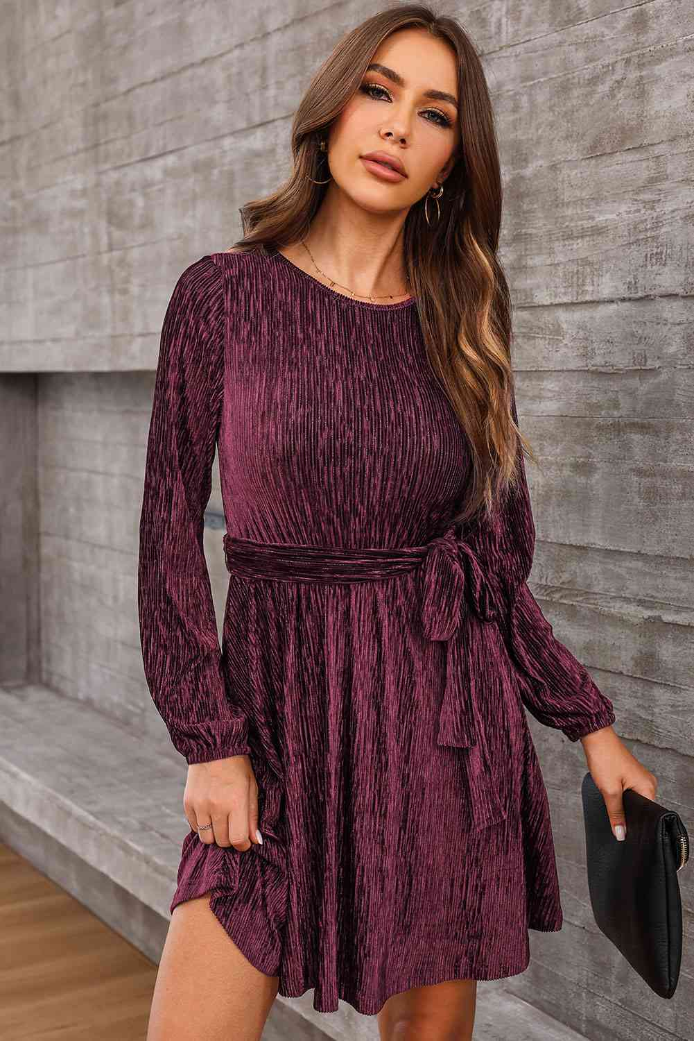 PREORDER Round Neck Tie Front Long Sleeve Dress