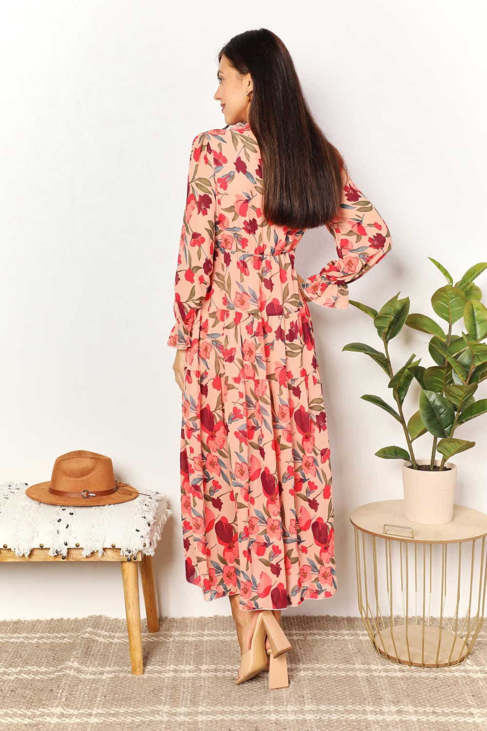 Floral Frill Trim Flounce Sleeve Maxi Dress