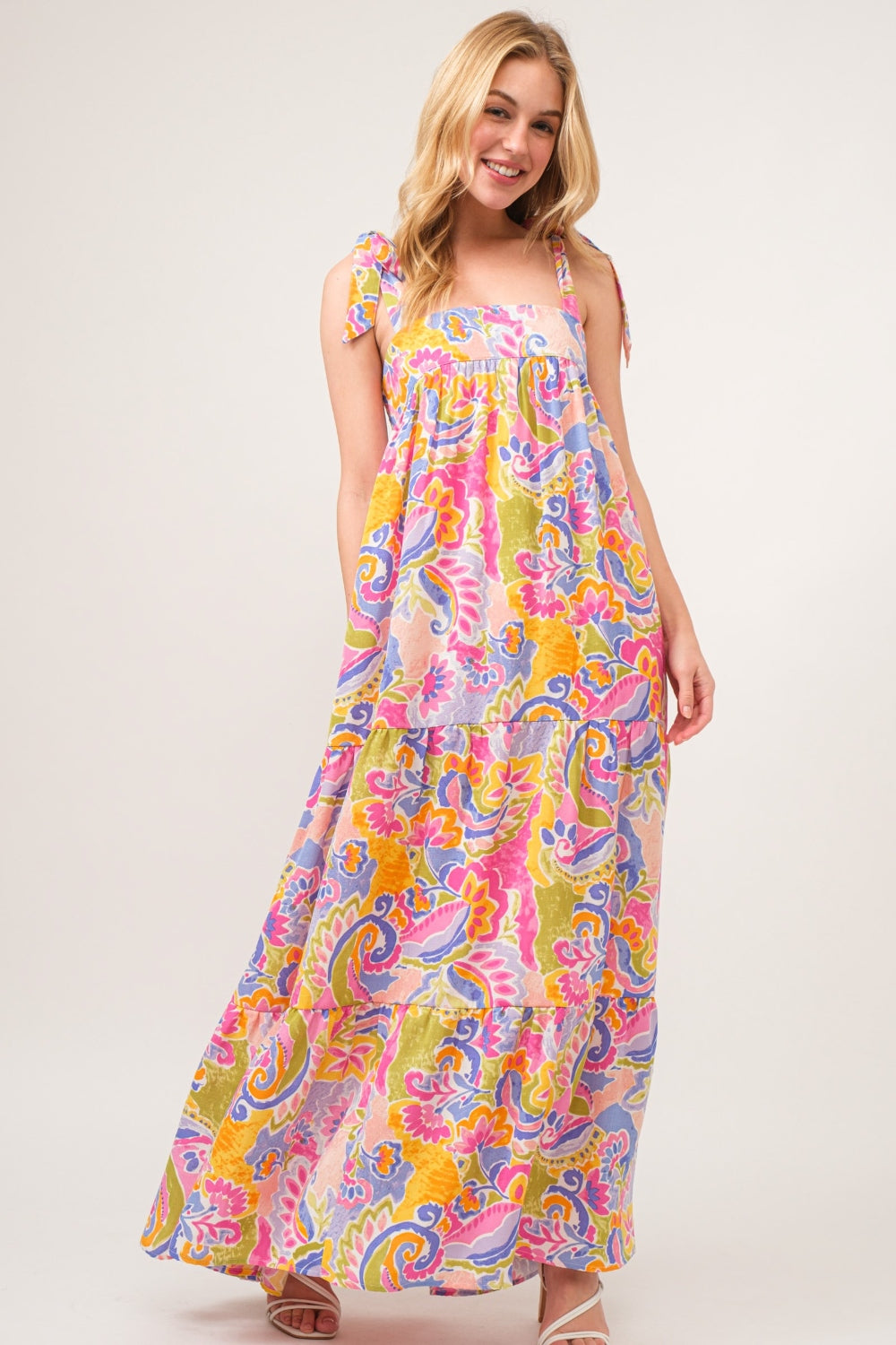 Printed Tie Shoulder Tiered Maxi Dress