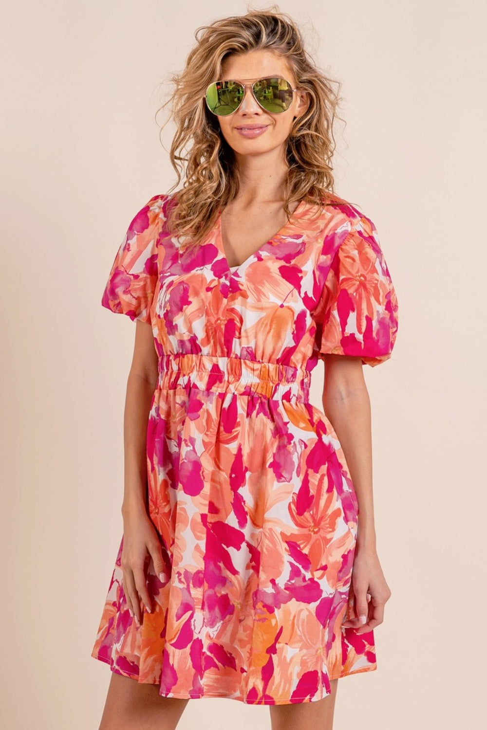 Floral V-Neck Puff Sleeve Mini Dress