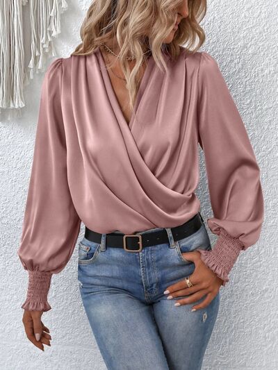 Preorder Surplice Smocked Lantern Sleeve Blouse