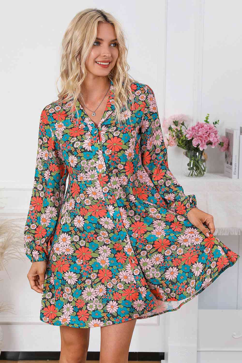 PREORDER Floral Button Front Collared Neck Shirt Dress