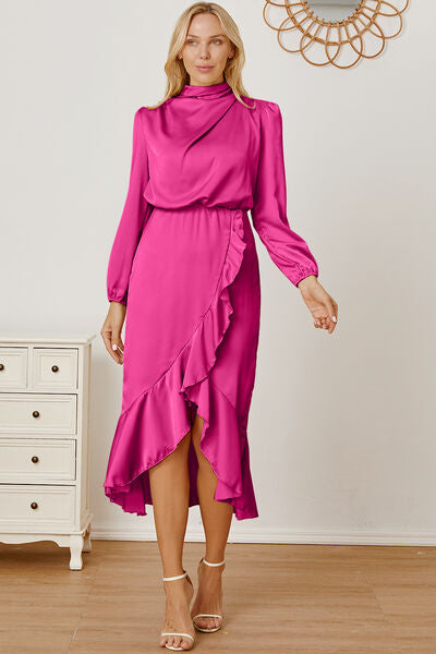 Preorder Mock Neck Ruffled Asymmetrical Dress