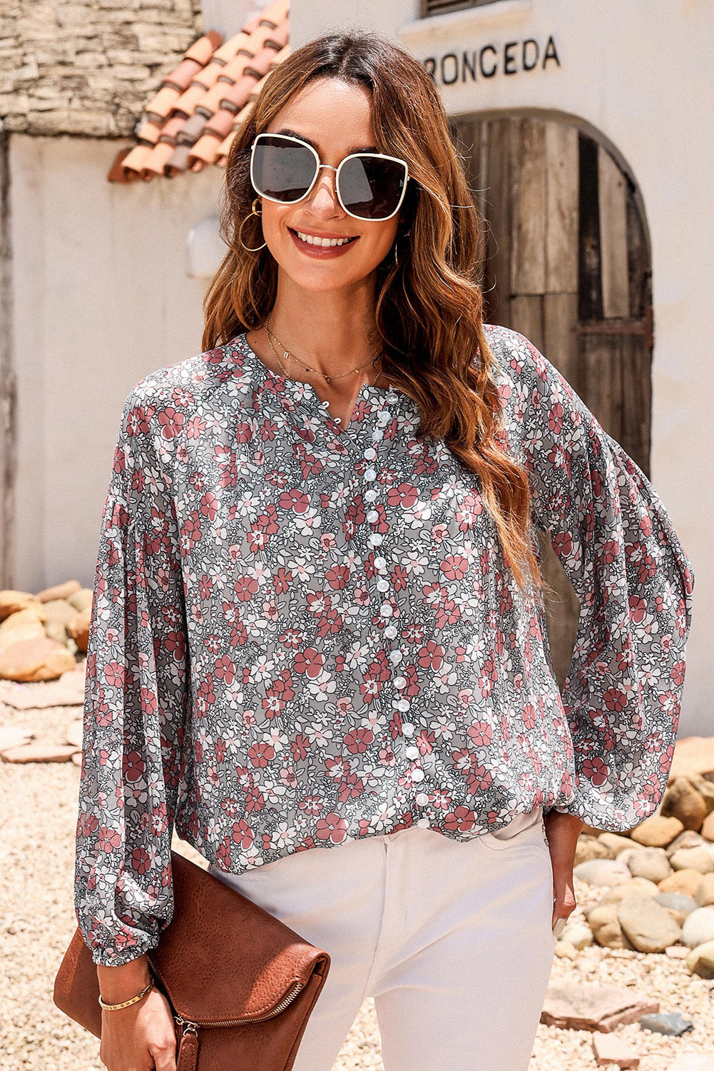 Preorder Printed Notched Balloon Sleeve Blouse