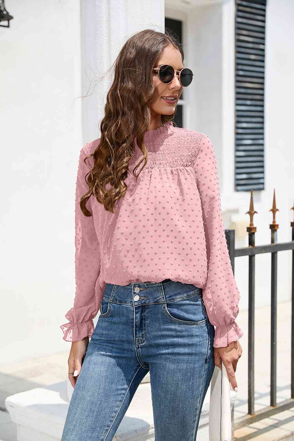 PREORDER Smocked Mock Neck Swiss Dot Top