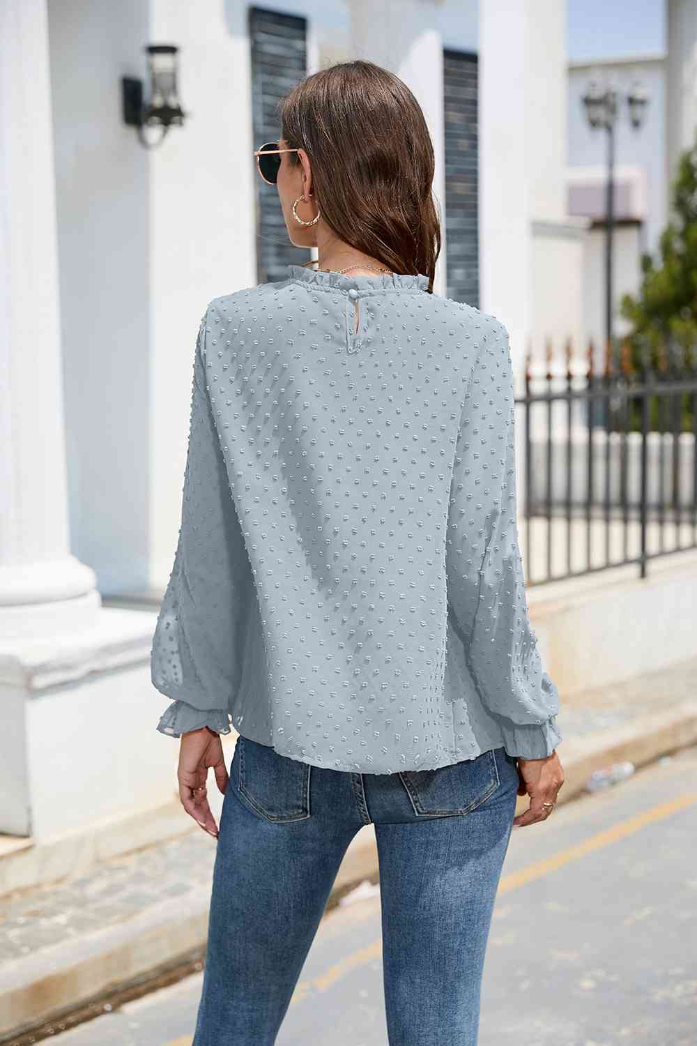 PREORDER Smocked Mock Neck Swiss Dot Top