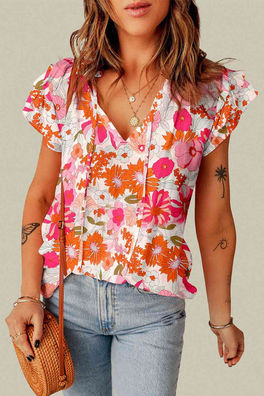 Preorder Floral Tie Neck Flutter Sleeve Blouse