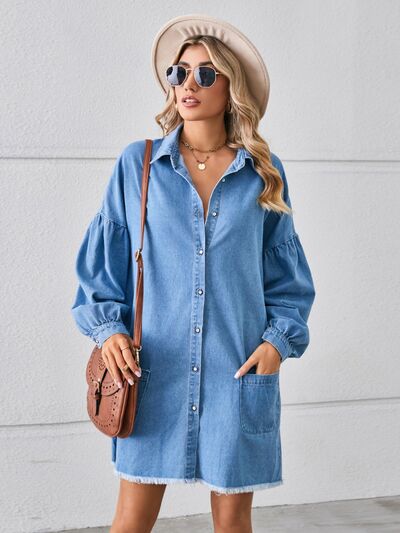 Preorder Button Up Pocketed Raw Hem Denim Dress