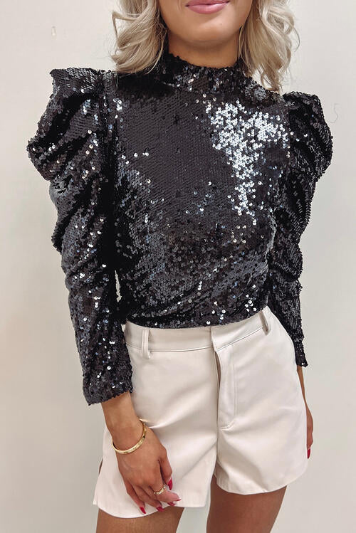 Preorder Sequin Mock Neck Leg-Of-Mutton Sleeve Top