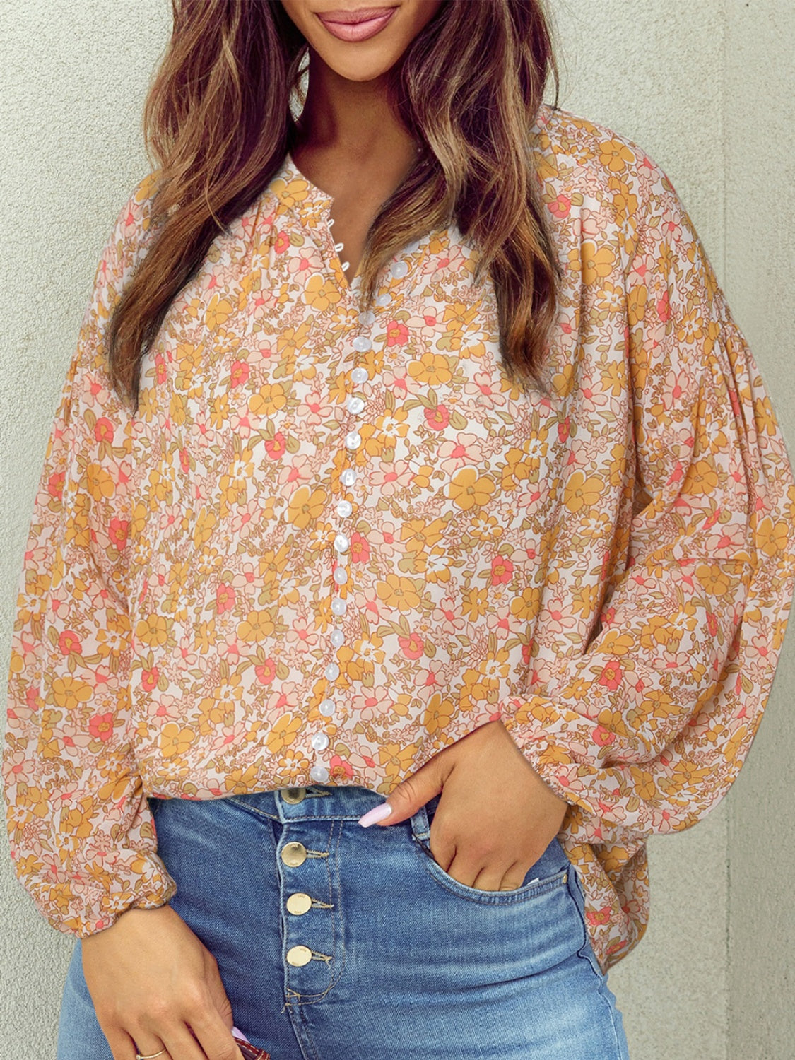 Preorder Printed Notched Balloon Sleeve Blouse