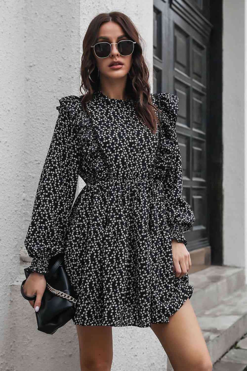 Preorder Printed Ruffle Trim Smocked Long Sleeve Mini Dress