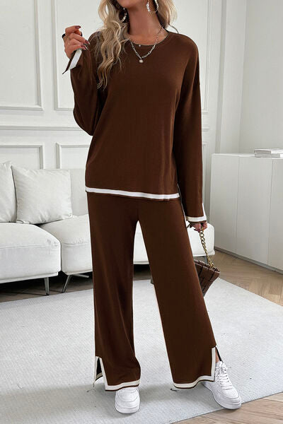 Preorder Contrast Trim Round Neck Top and Pants Set