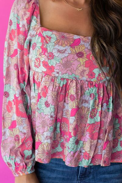 Preorder Smocked Printed Square Neck Balloon Sleeve Blouse