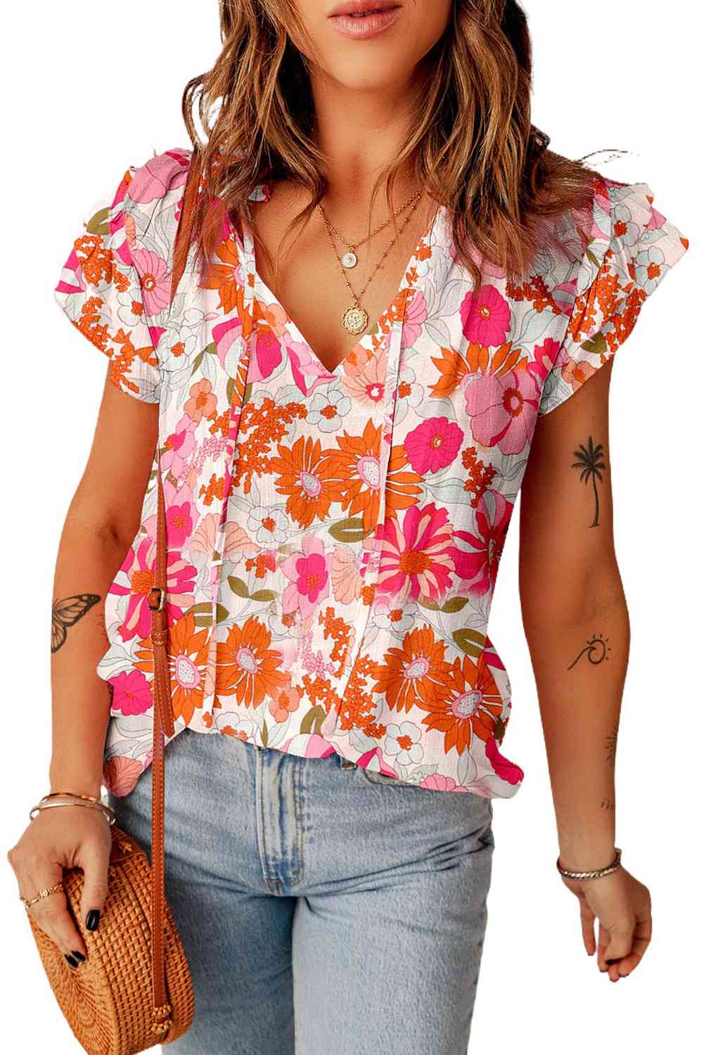 Preorder Floral Tie Neck Flutter Sleeve Blouse