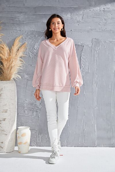 Preorder V-Neck Drop Shoulder Lantern Sleeve Blouse