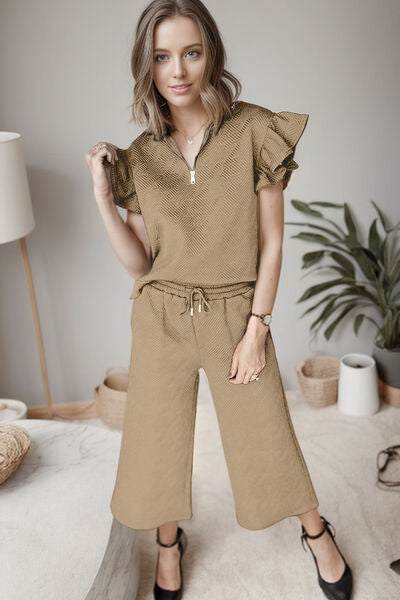 Preorder Ruffled Quarter Zip Top and Drawstring Pants Set