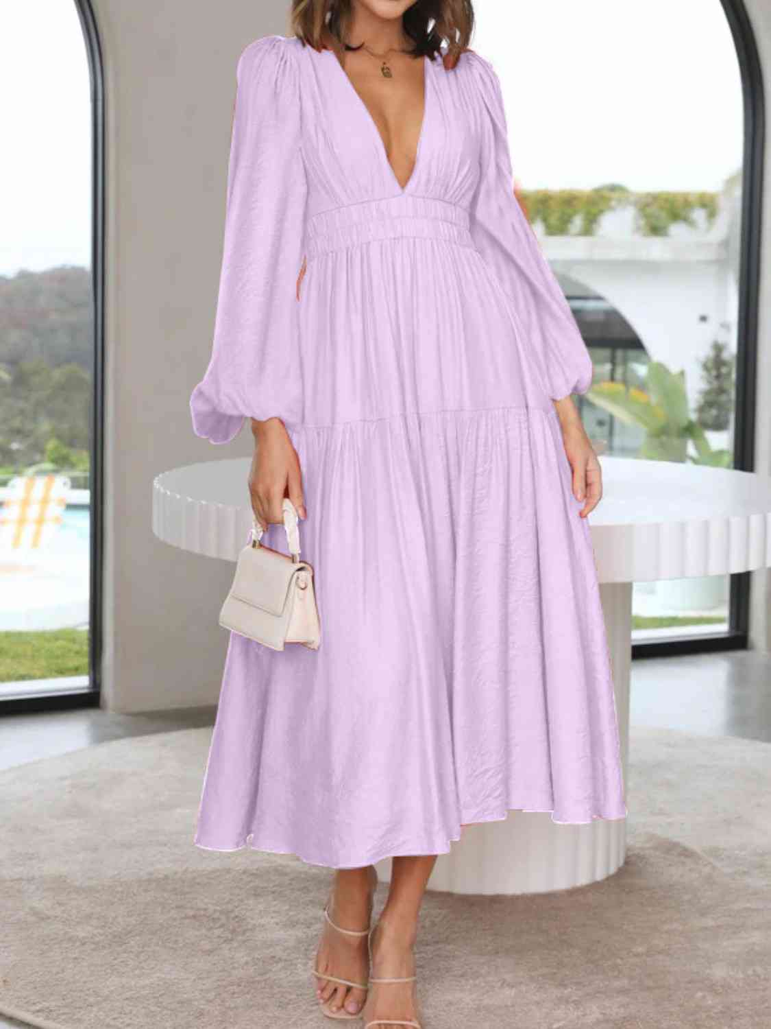 PREORDER Deep V-Neck Balloon Sleeve Plain Maxi Dress