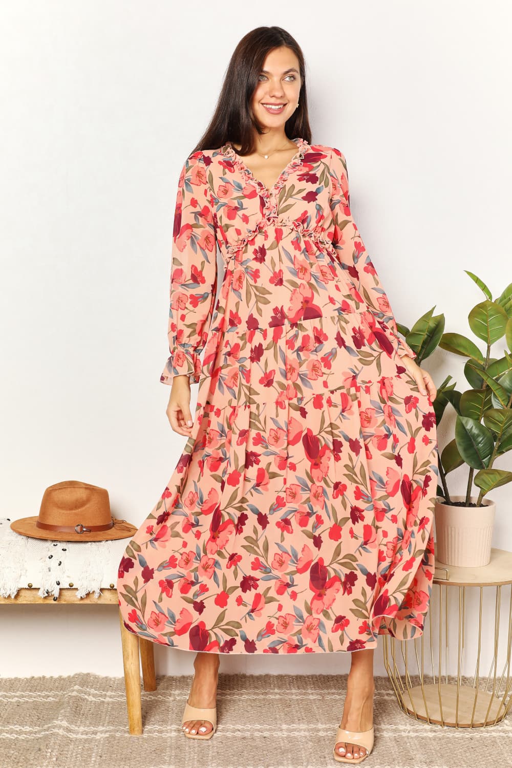 Floral Frill Trim Flounce Sleeve Maxi Dress