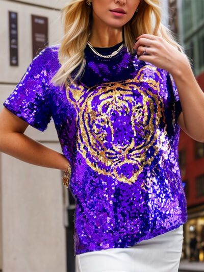 Preorder Tiger Sequin Round Neck Short Sleeve T-Shirt