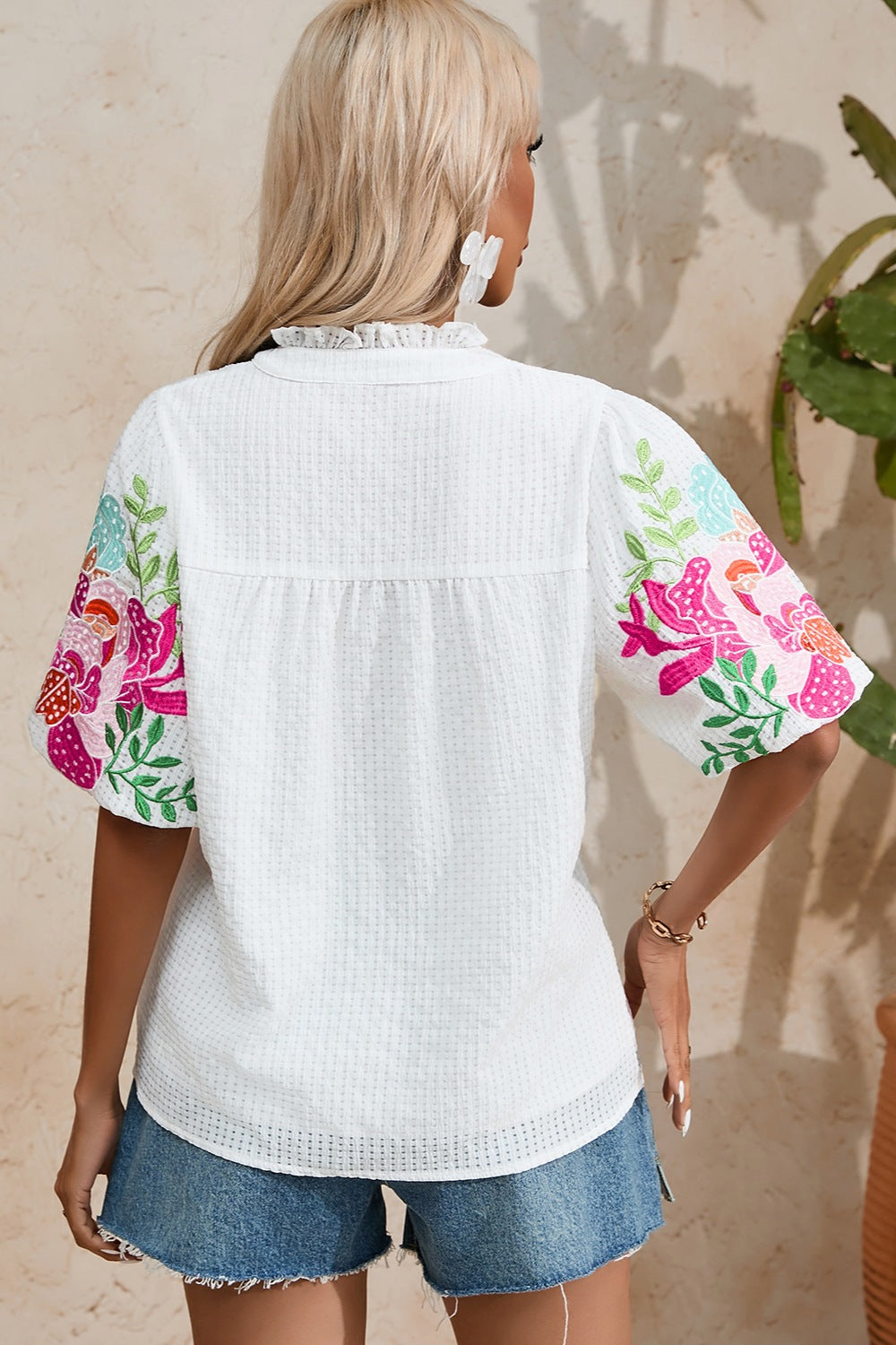 Preorder Embroidered Notched Half Sleeve Blouse