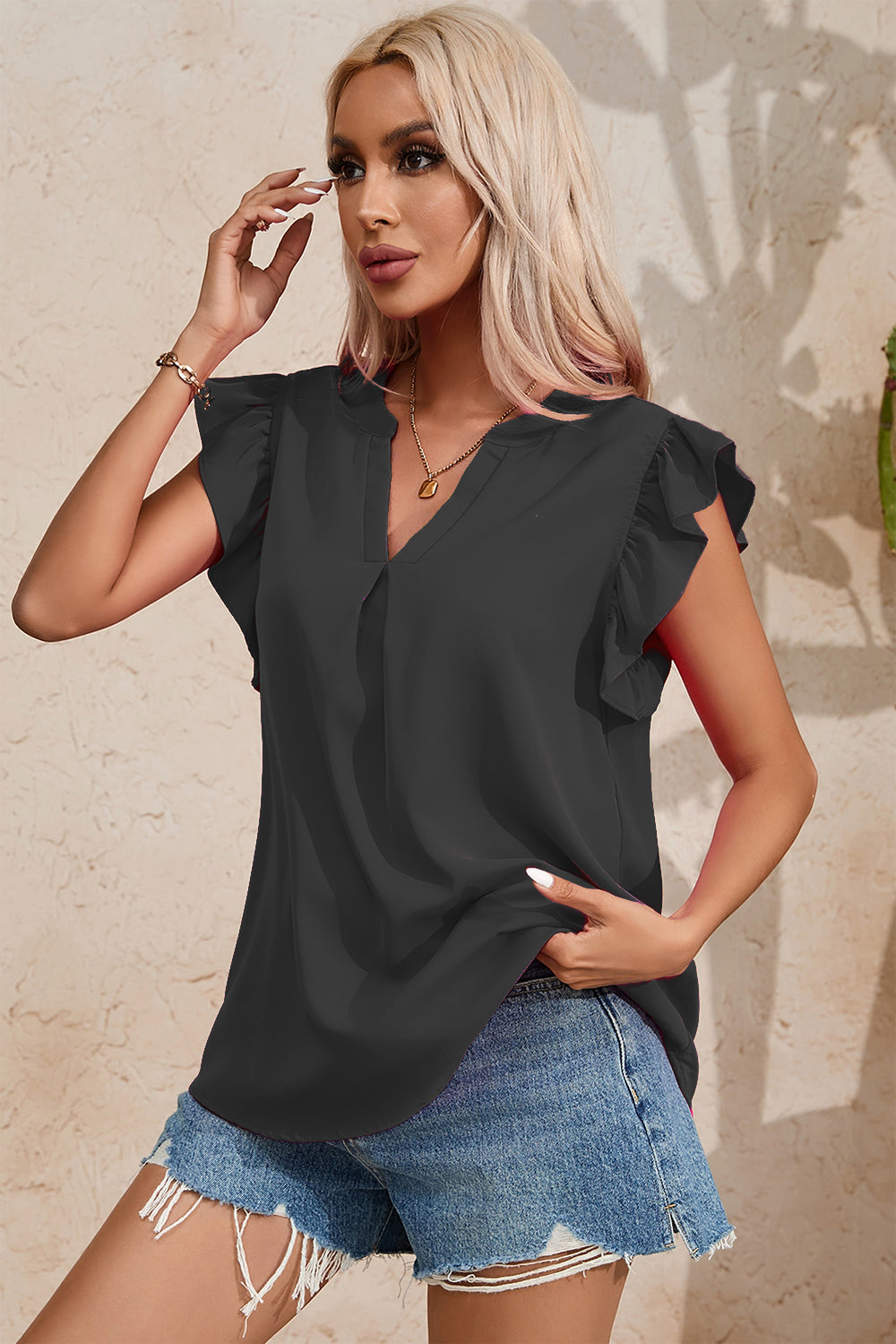 Preorder Ruffled Notched Cap Sleeve Blouse